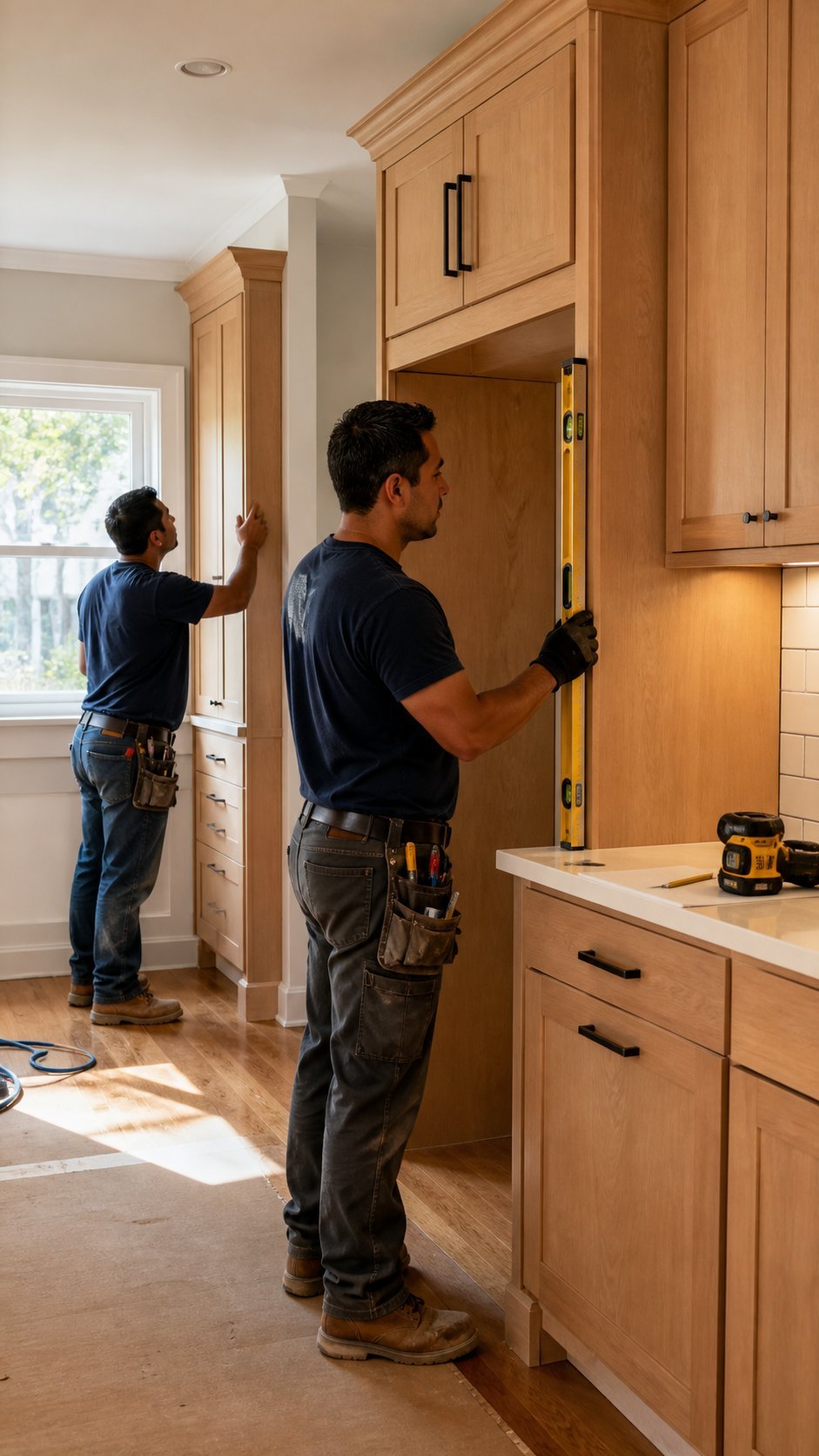 Illustrative Latino residential renovation team aligning custom kitchen cabinetry